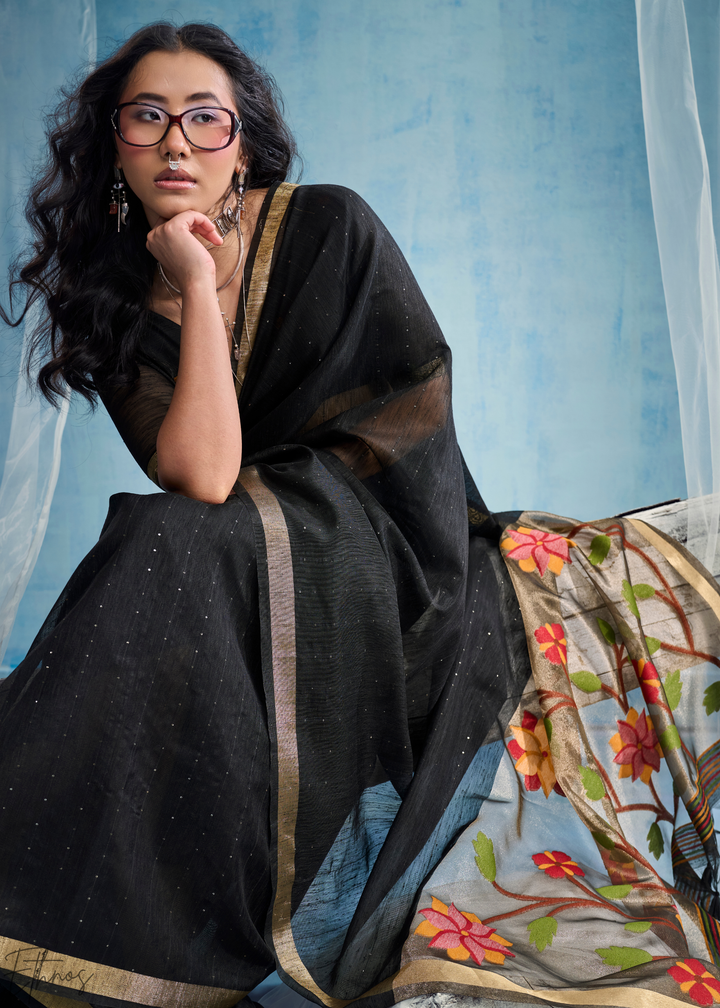 Jet Black Jardin Woven Munga Silk Saree