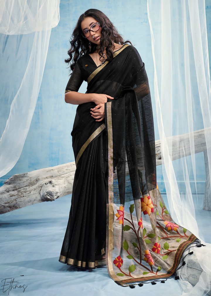 Jet Black Jardin Woven Munga Silk Saree