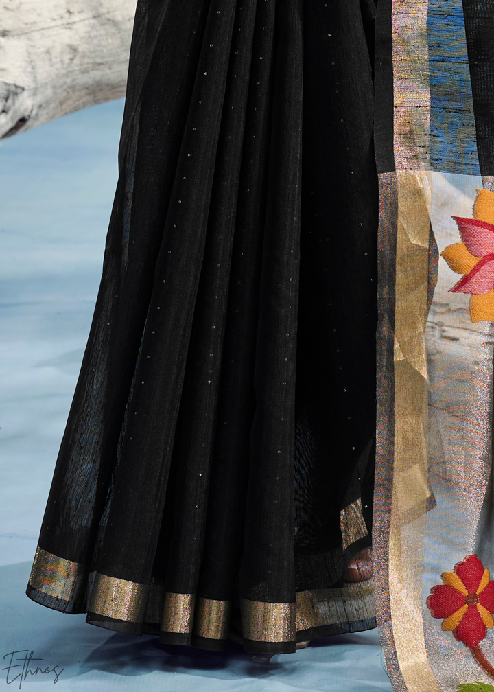 Jet Black Jardin Woven Munga Silk Saree