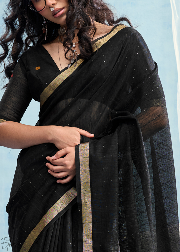 Jet Black Jardin Woven Munga Silk Saree