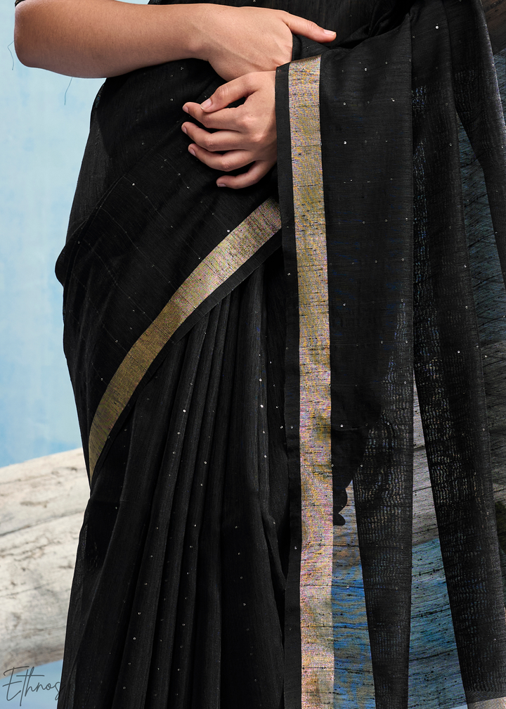 Jet Black Jardin Woven Munga Silk Saree