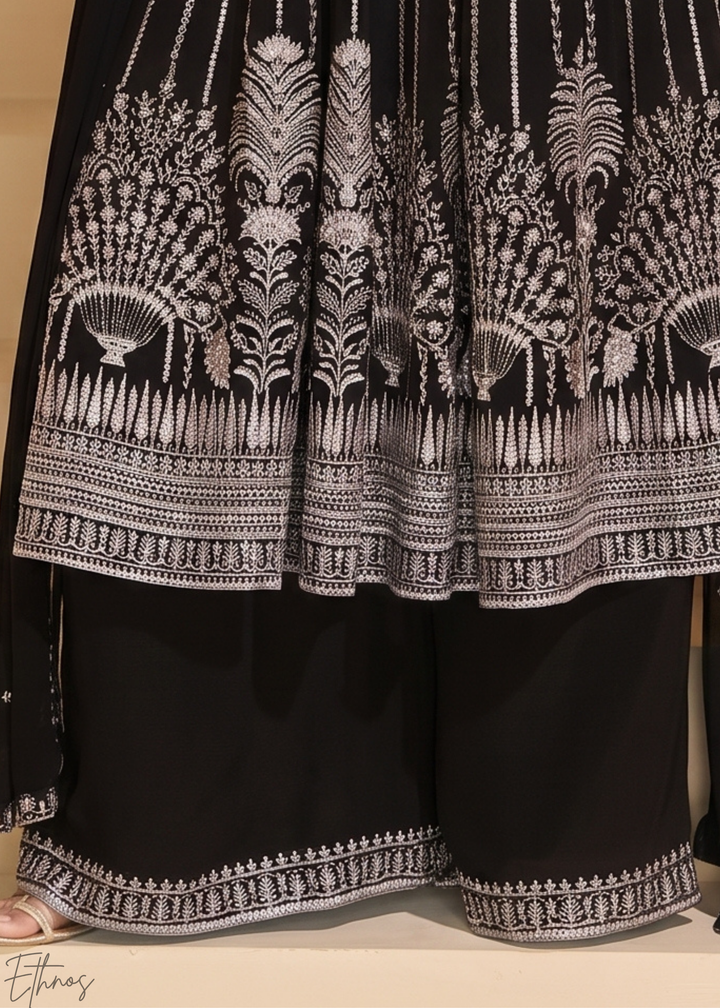 Jet Black Linear-Embroidered Georgette Palazzo Suit