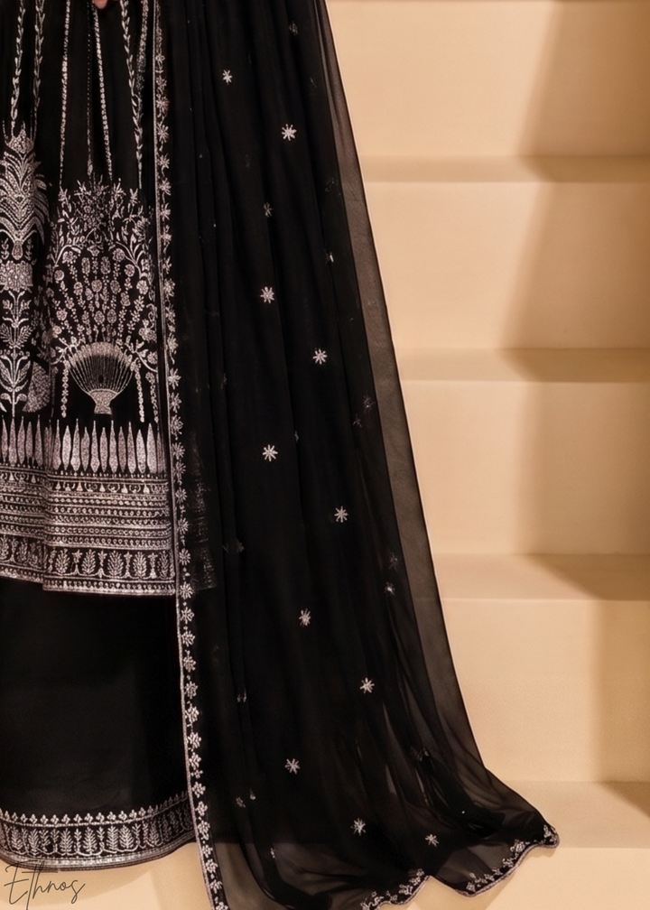 Jet Black Linear-Embroidered Georgette Palazzo Suit