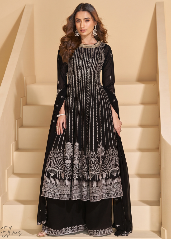 Jet Black Linear-Embroidered Georgette Palazzo Suit