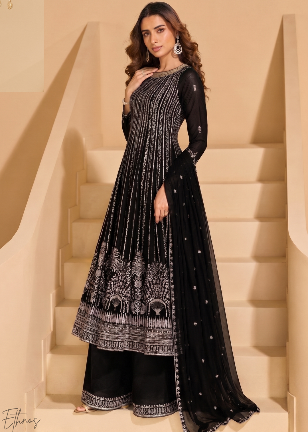 Jet Black Linear-Embroidered Georgette Palazzo Suit
