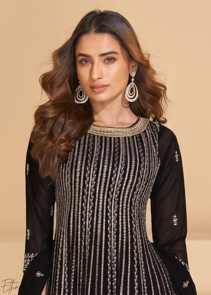 Jet Black Linear-Embroidered Georgette Palazzo Suit