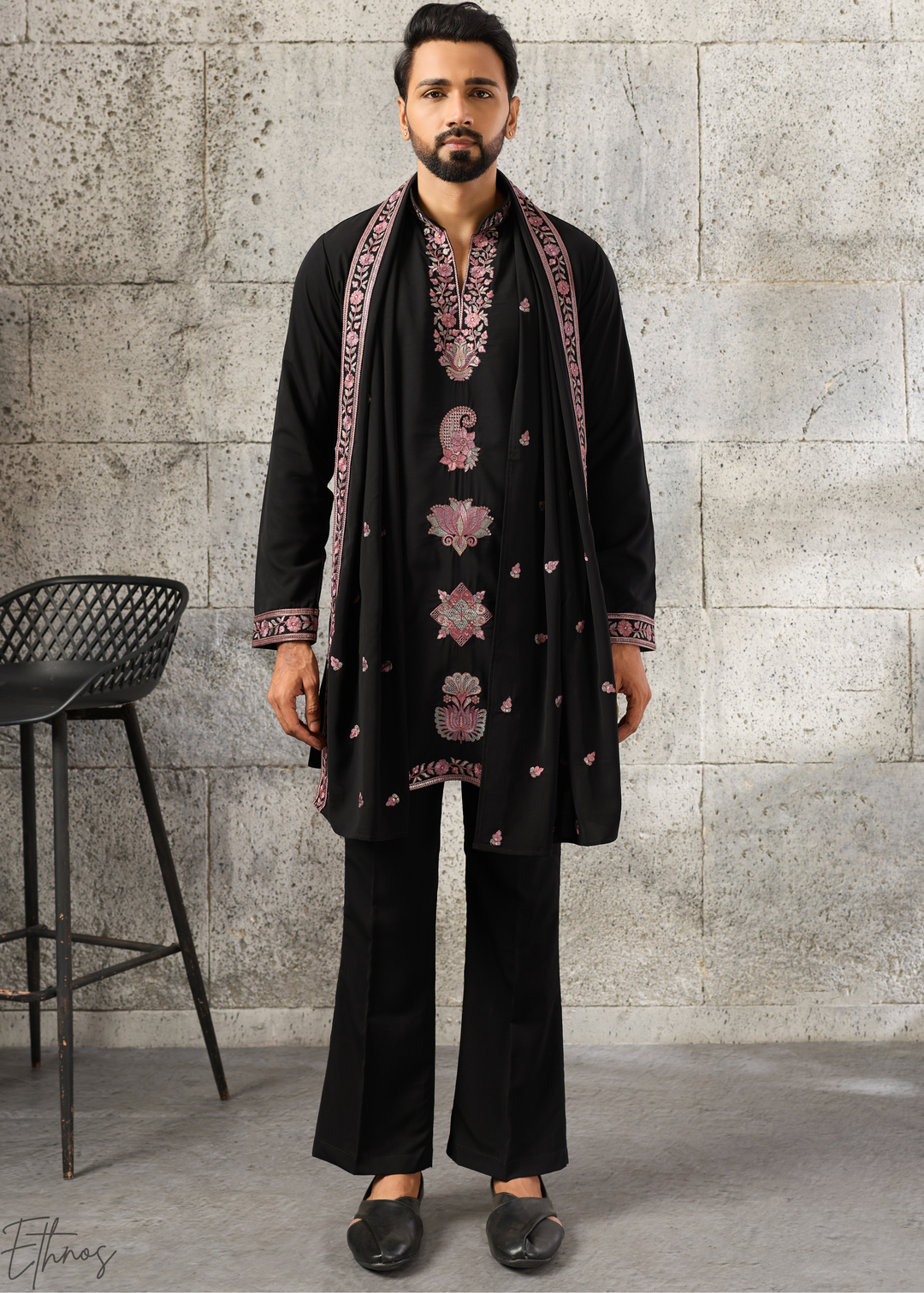 Jet Black Motif-Embroidered Silk Kurta Traditional Scarf Set