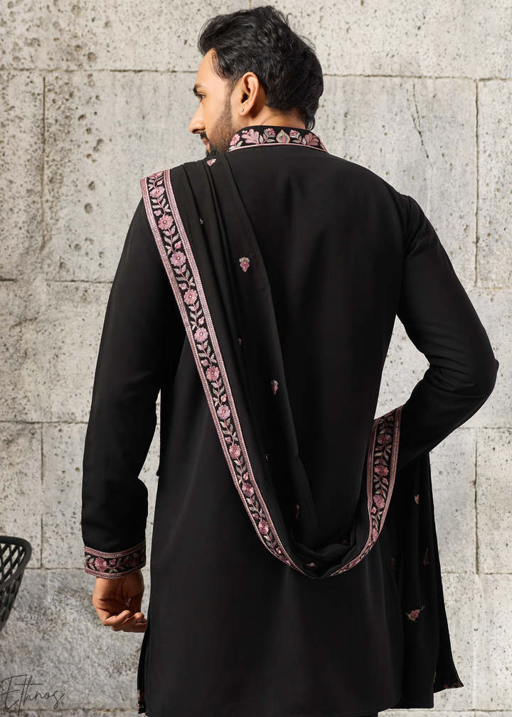 Jet Black Motif-Embroidered Silk Kurta Traditional Scarf Set