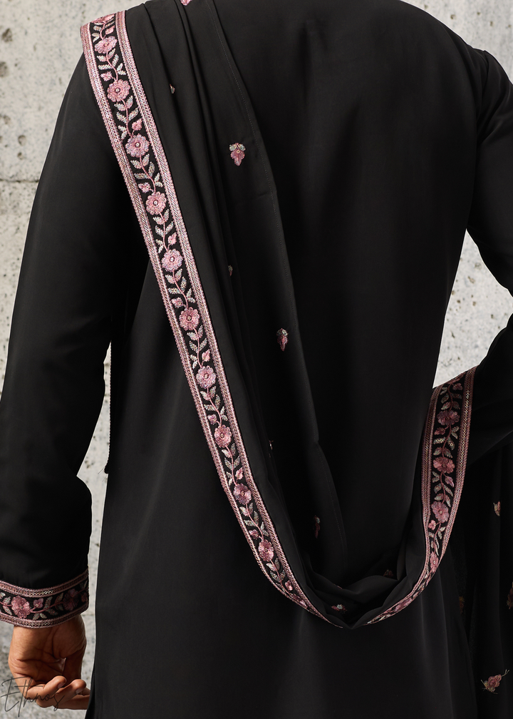 Jet Black Motif-Embroidered Silk Kurta Traditional Scarf Set