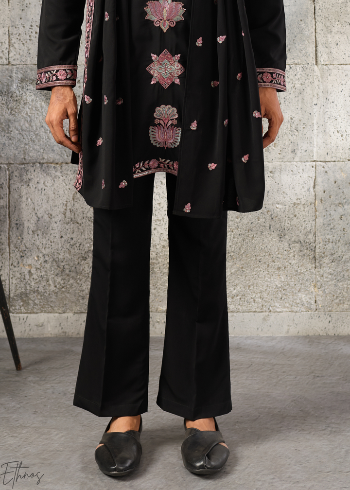 Jet Black Motif-Embroidered Silk Kurta Traditional Scarf Set