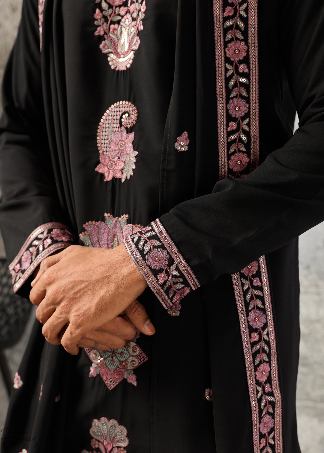 Jet Black Motif-Embroidered Silk Kurta Traditional Scarf Set