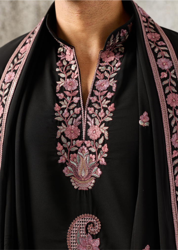 Jet Black Motif-Embroidered Silk Kurta Traditional Scarf Set