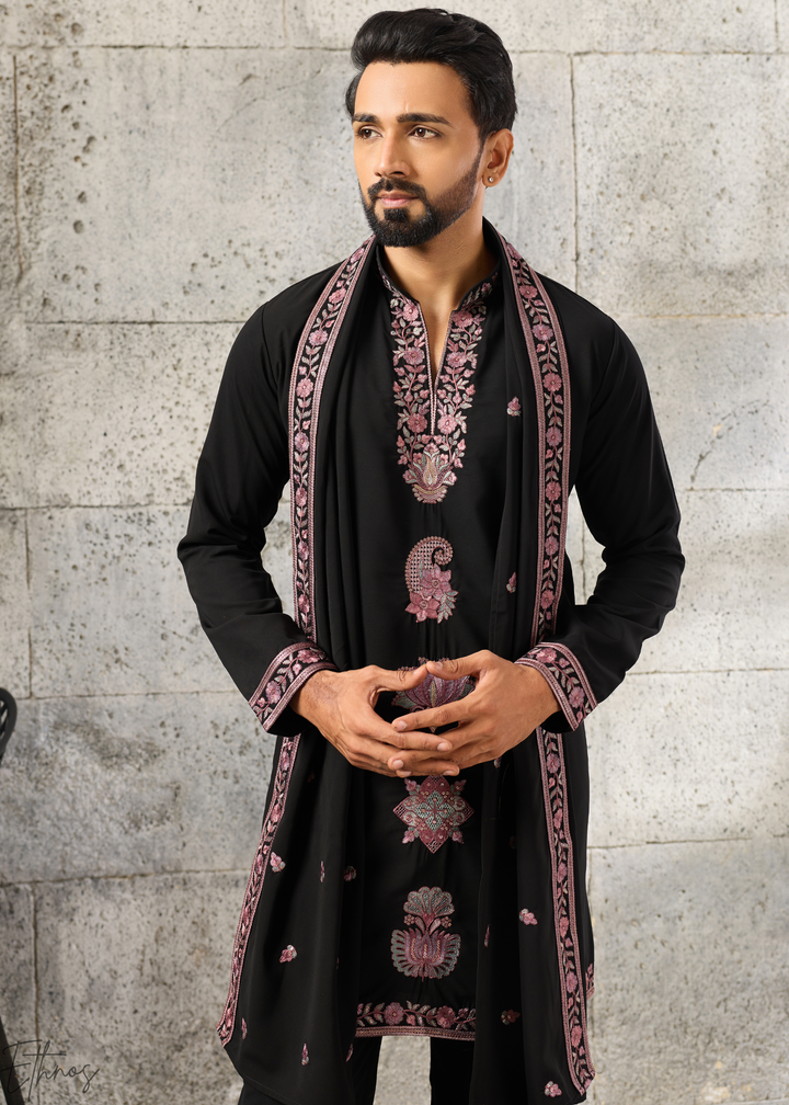 Jet Black Motif-Embroidered Silk Kurta Traditional Scarf Set