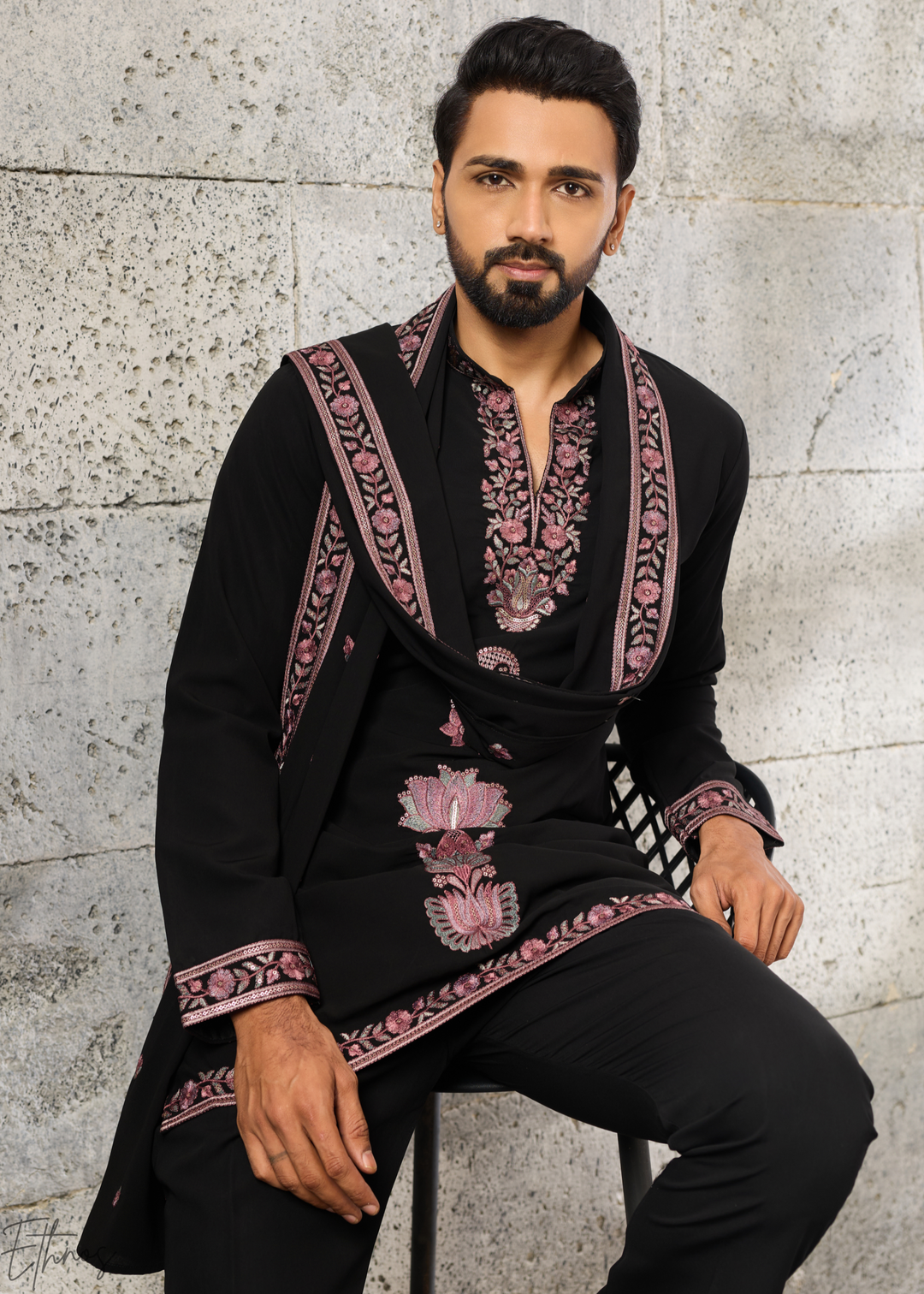 Jet Black Motif-Embroidered Silk Kurta Traditional Scarf Set