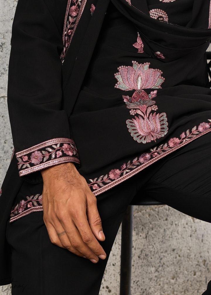 Jet Black Motif-Embroidered Silk Kurta Traditional Scarf Set