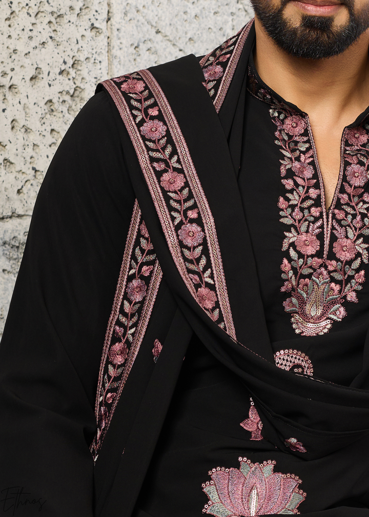 Jet Black Motif-Embroidered Silk Kurta Traditional Scarf Set