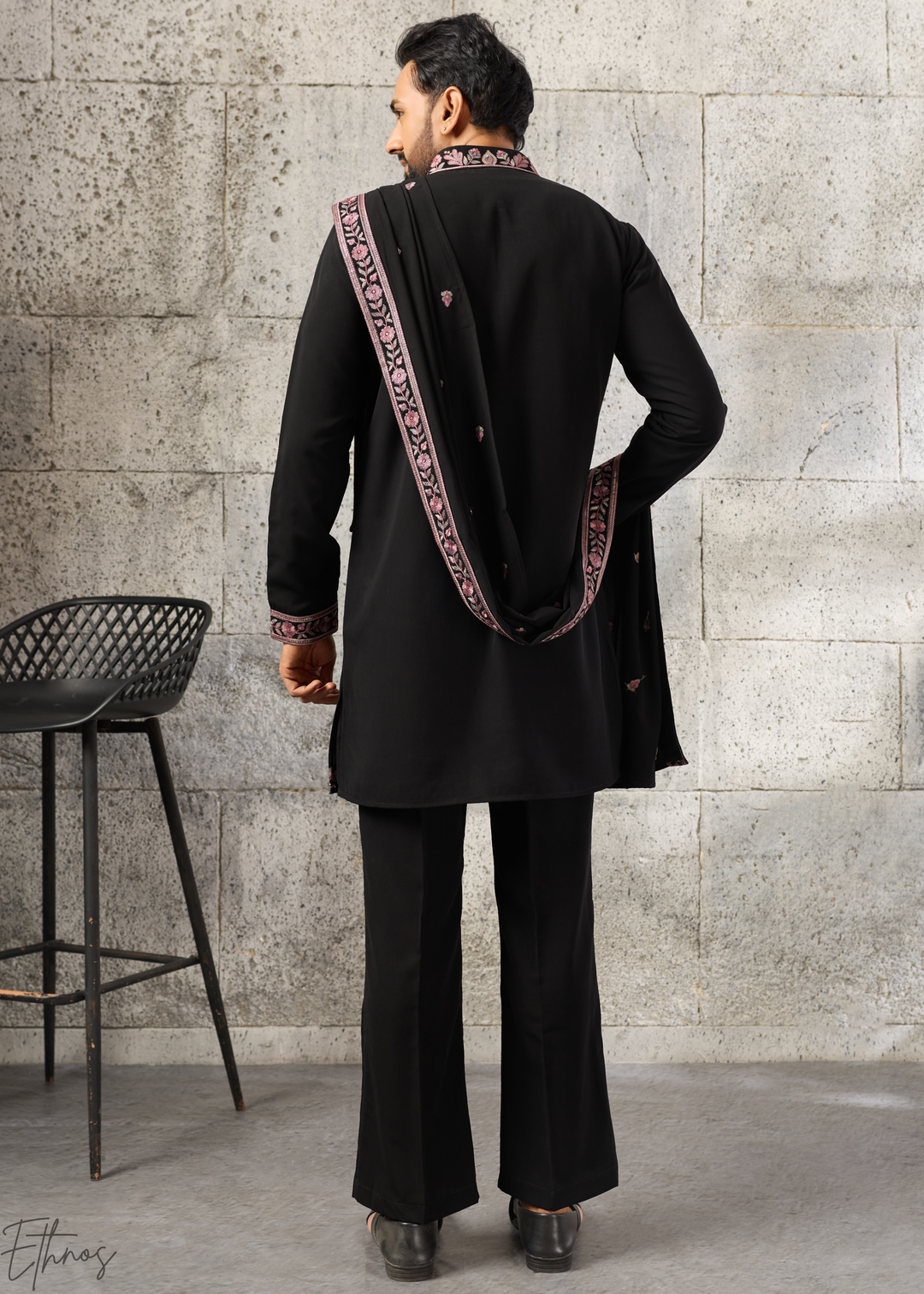Jet Black Motif-Embroidered Silk Kurta Traditional Scarf Set