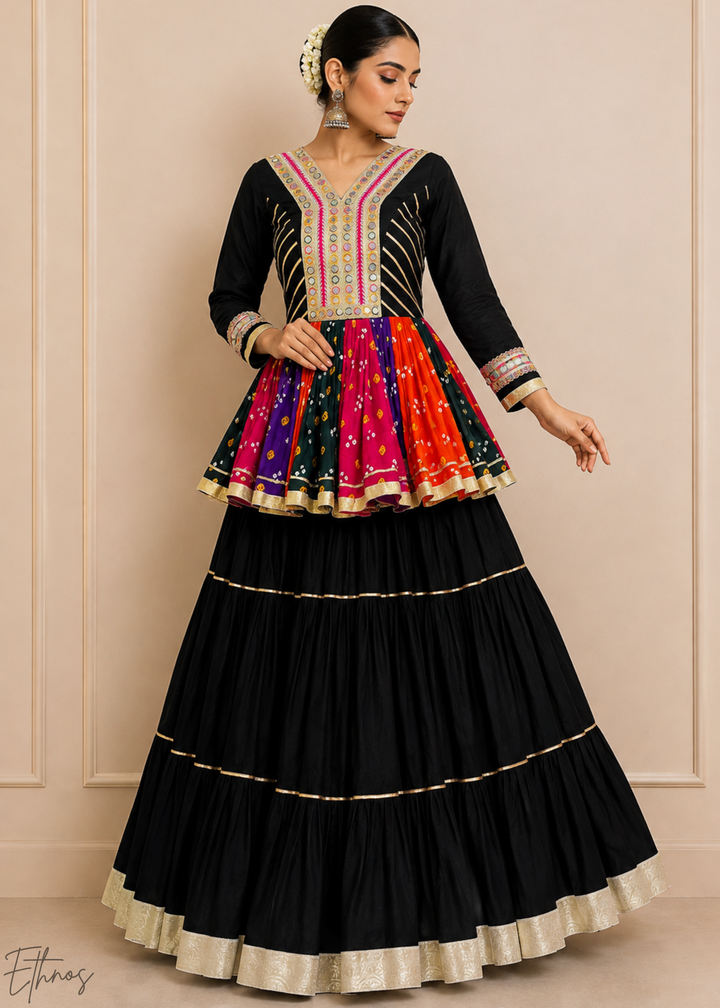Jet Black Paneled Bandhani Cotton Peplum Lehenga Set