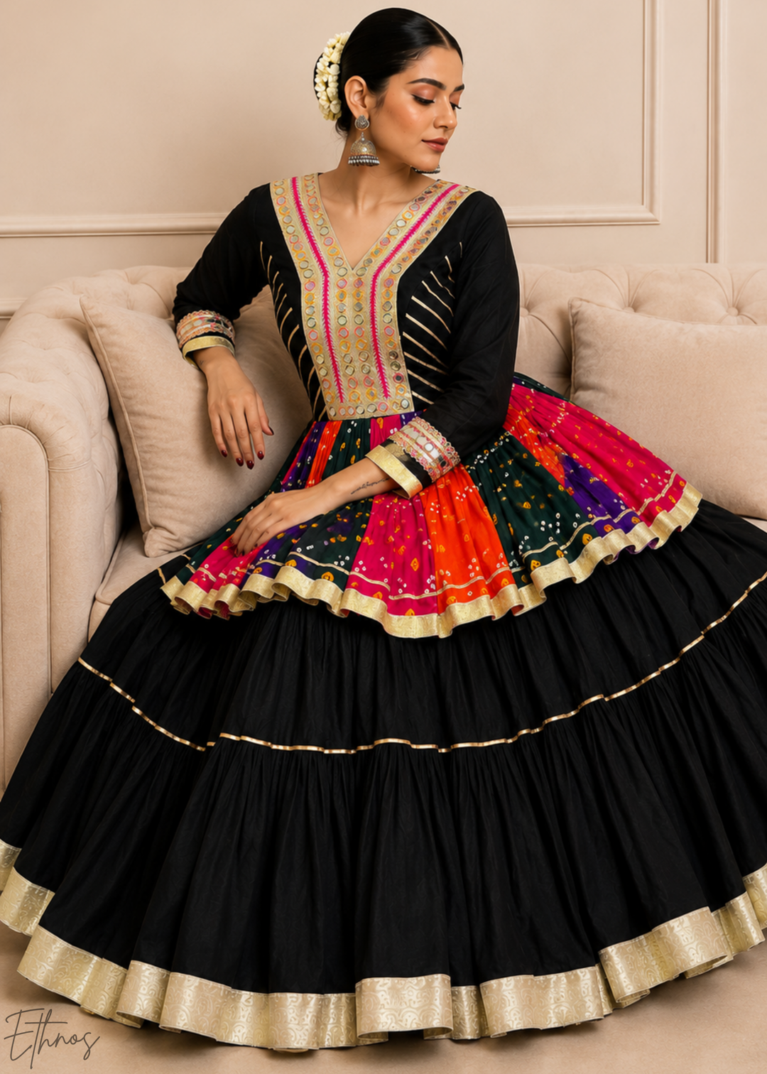 Jet Black Paneled Bandhani Cotton Peplum Lehenga Set