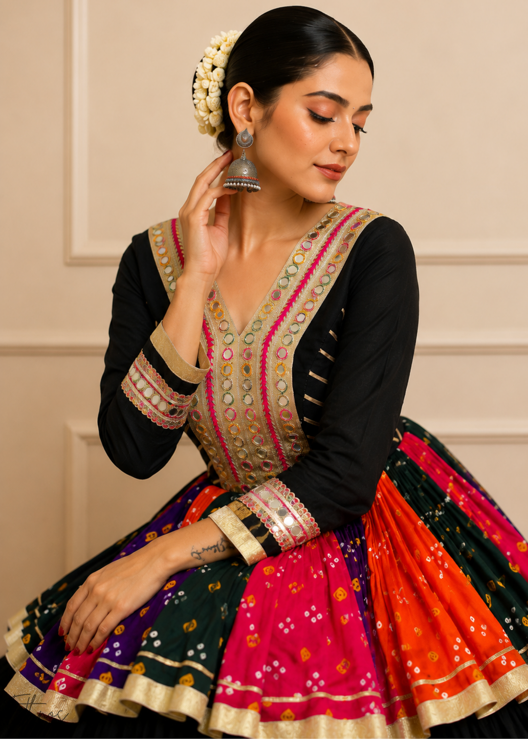 Jet Black Paneled Bandhani Cotton Peplum Lehenga Set