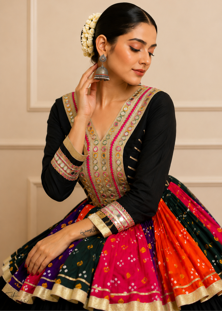Jet Black Paneled Bandhani Cotton Peplum Lehenga Set