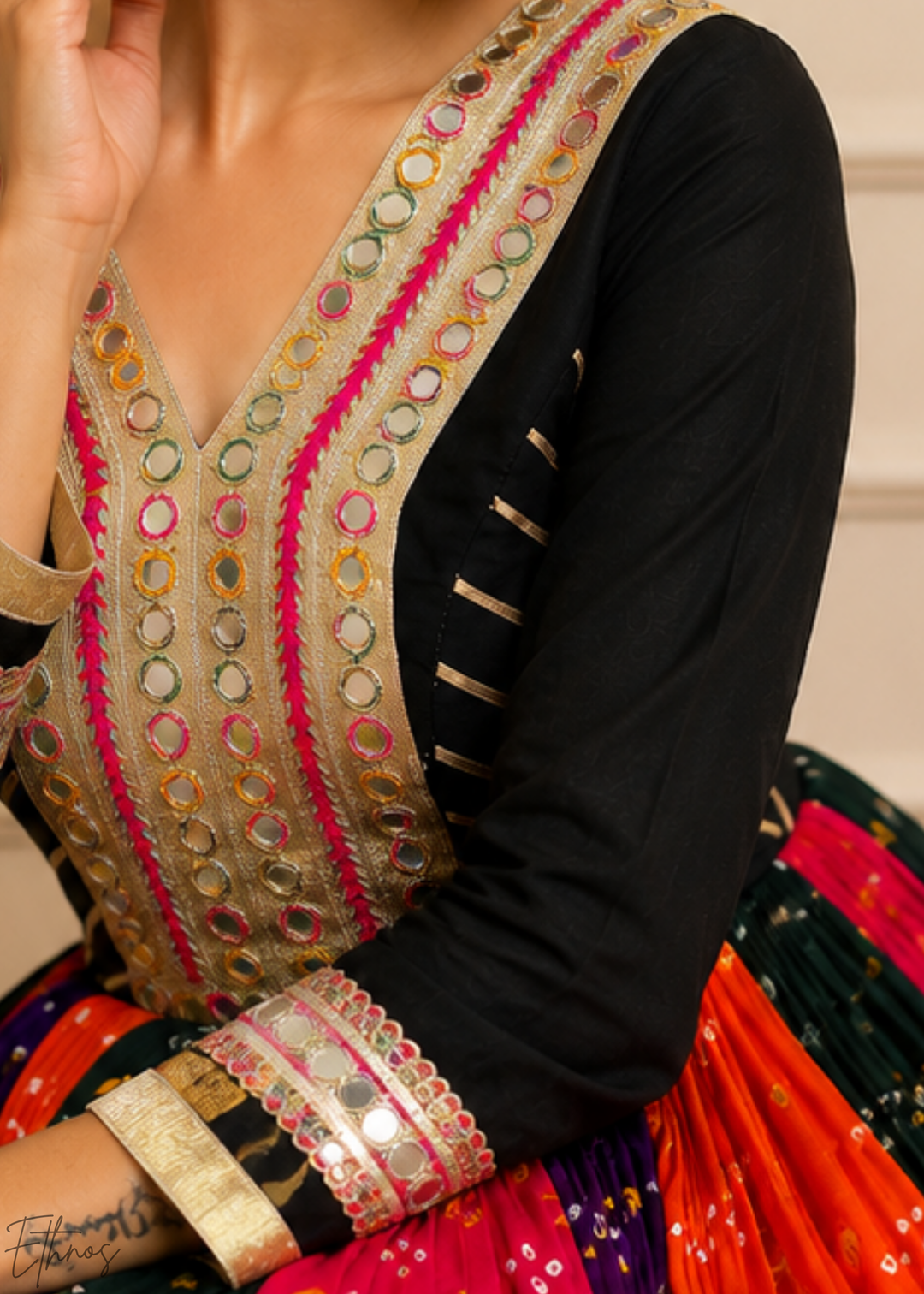 Jet Black Paneled Bandhani Cotton Peplum Lehenga Set