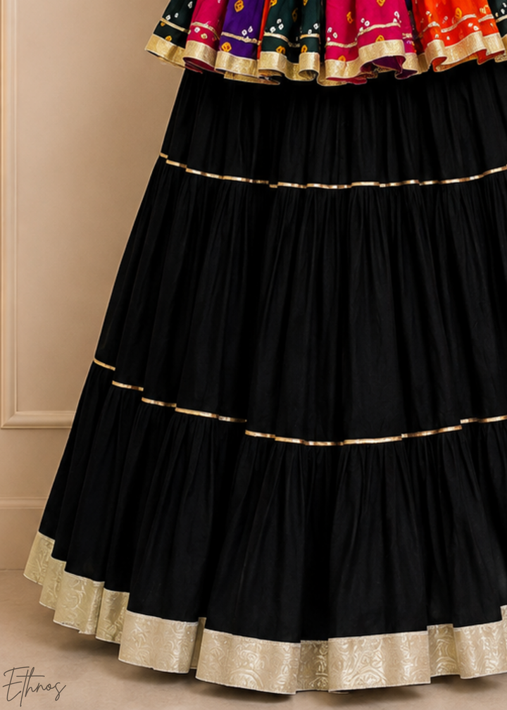 Jet Black Paneled Bandhani Cotton Peplum Lehenga Set
