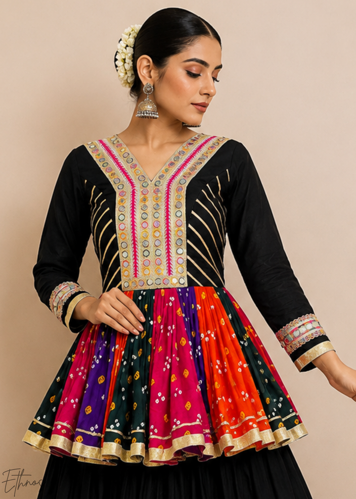Jet Black Paneled Bandhani Cotton Peplum Lehenga Set