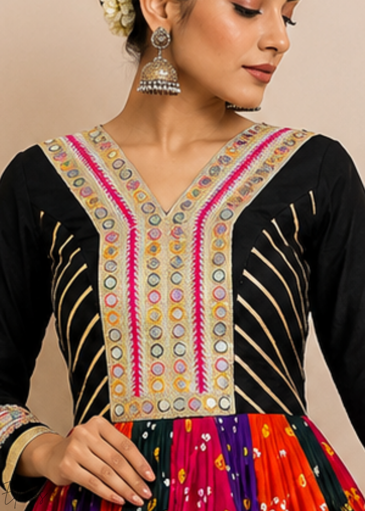 Jet Black Paneled Bandhani Cotton Peplum Lehenga Set