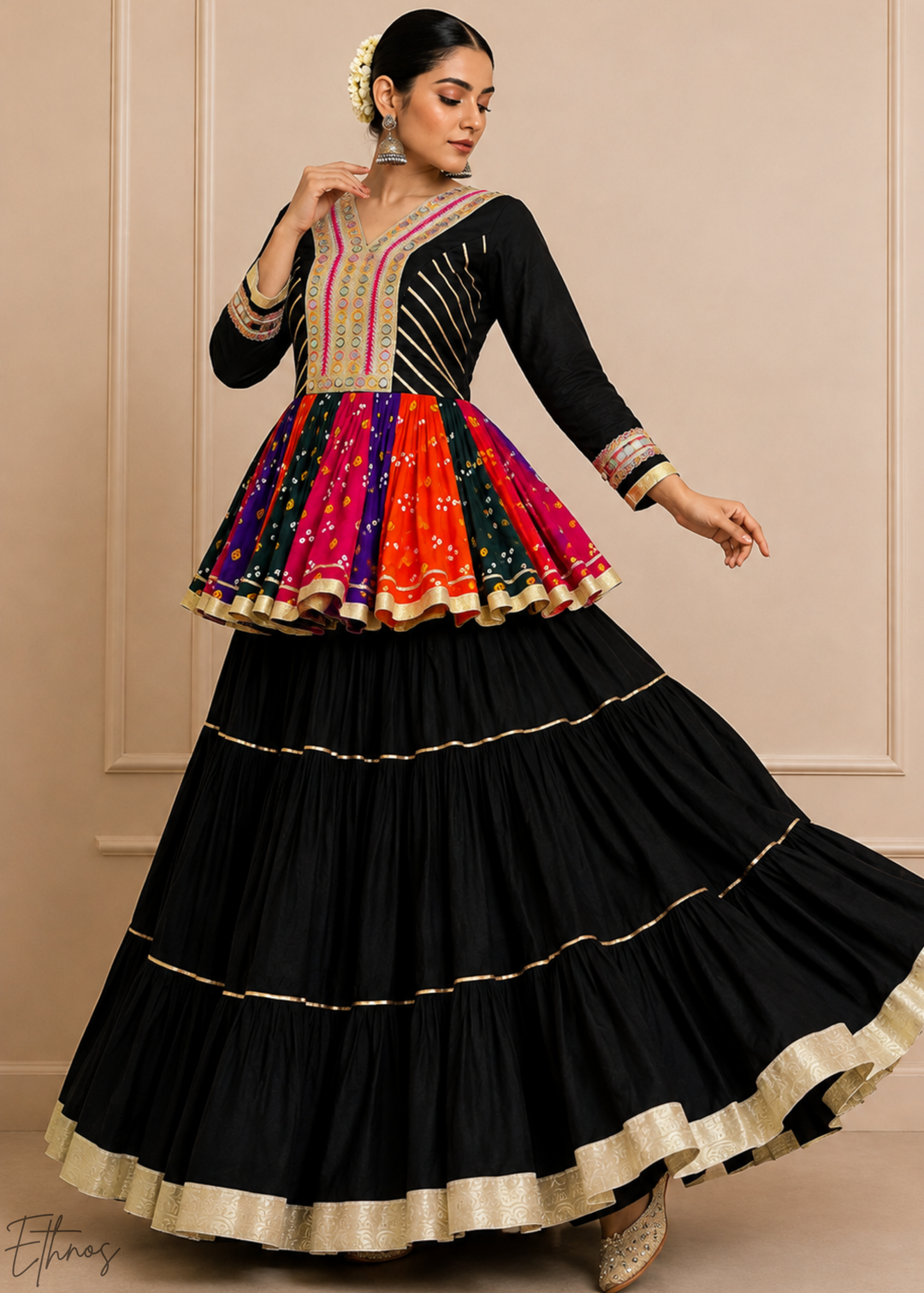 Jet Black Paneled Bandhani Cotton Peplum Lehenga Set