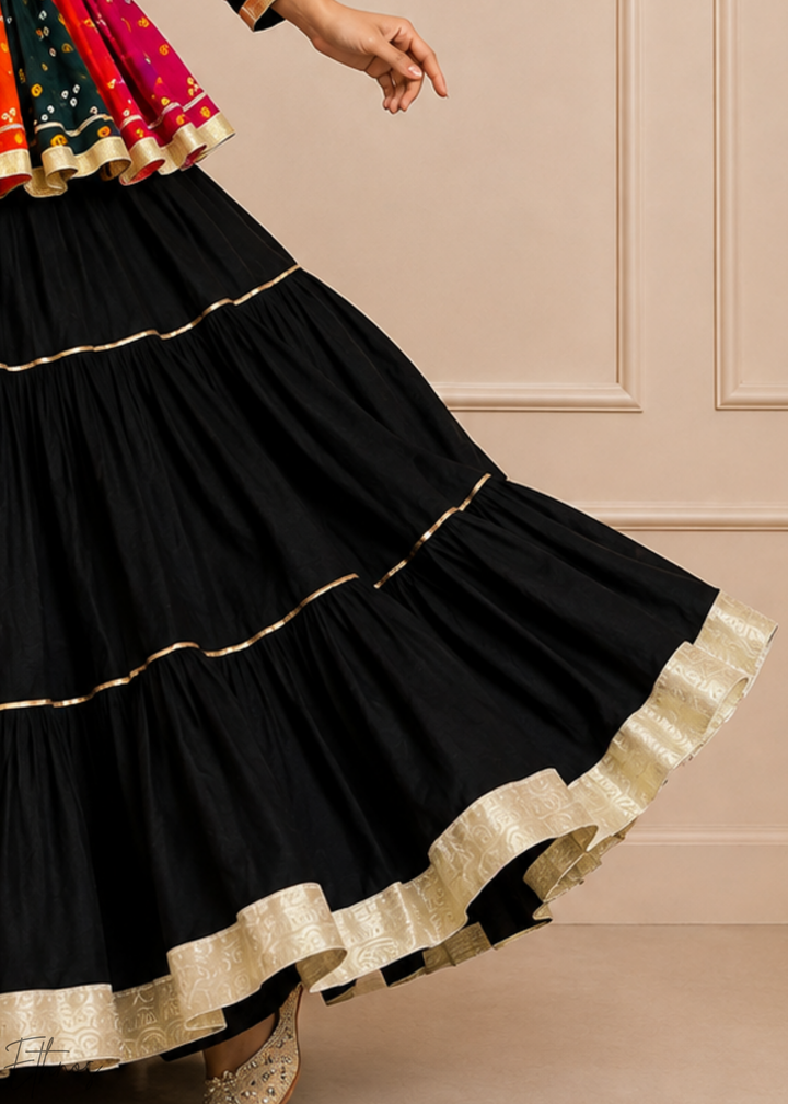 Jet Black Paneled Bandhani Cotton Peplum Lehenga Set