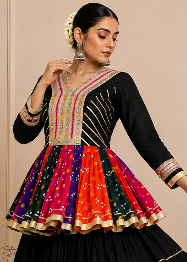 Jet Black Paneled Bandhani Cotton Peplum Lehenga Set