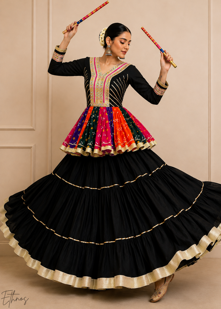 Jet Black Paneled Bandhani Cotton Peplum Lehenga Set