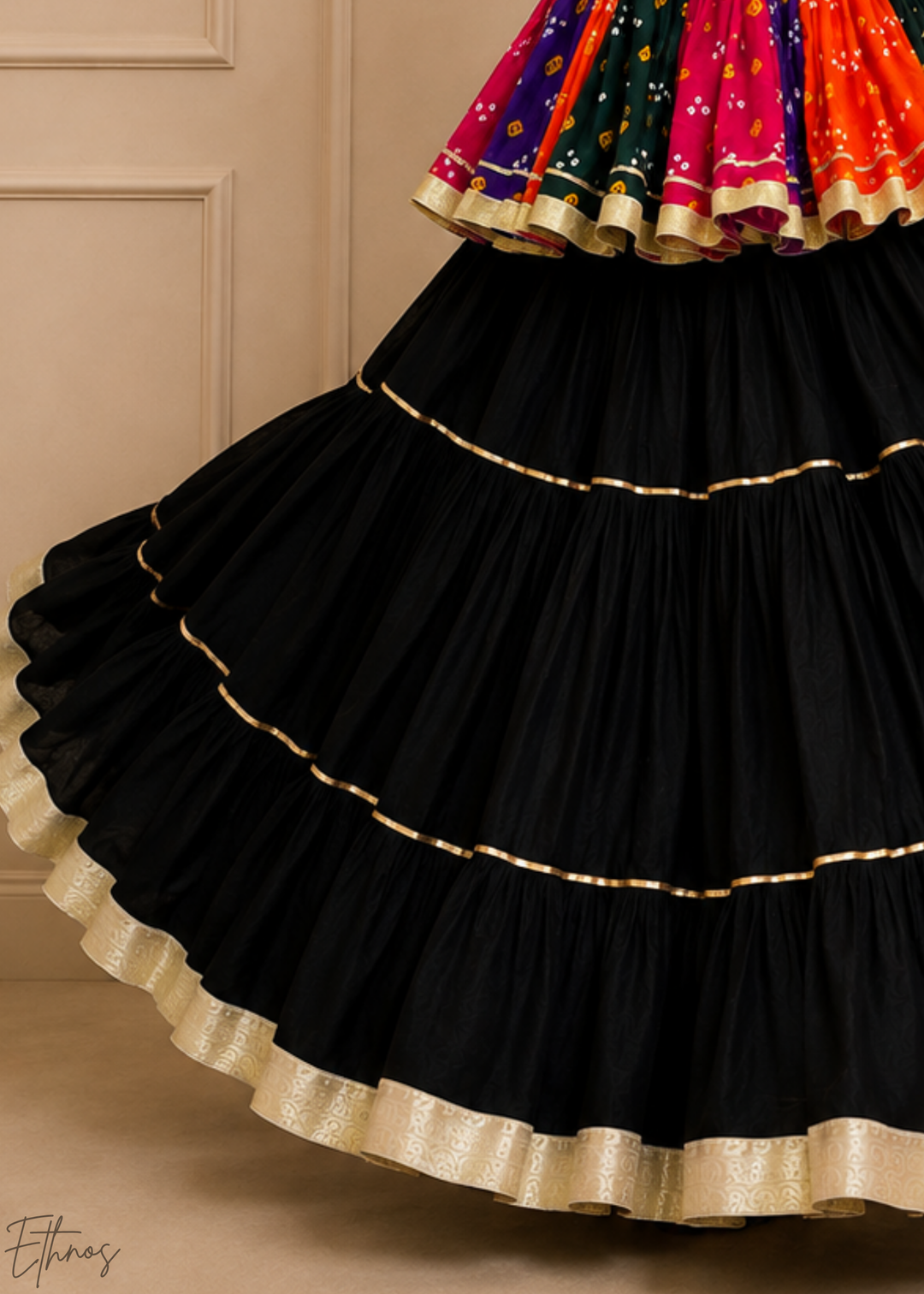 Jet Black Paneled Bandhani Cotton Peplum Lehenga Set