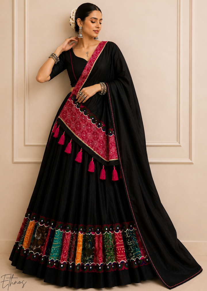 Jet Black Patchwork Border Khadi Cotton Lehenga Choli