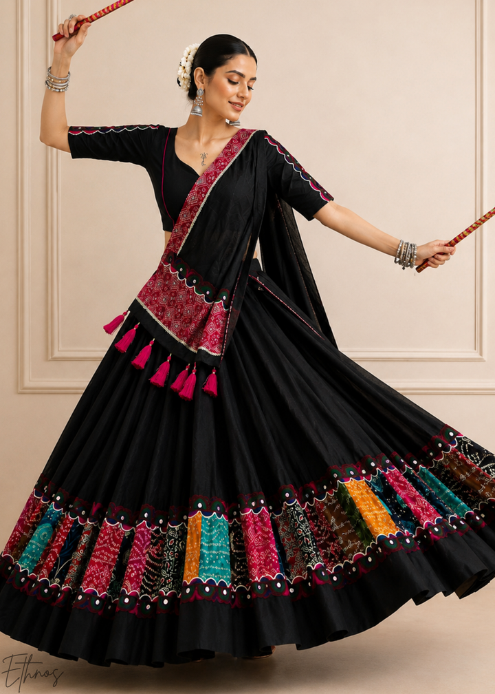 Jet Black Patchwork Border Khadi Cotton Lehenga Choli