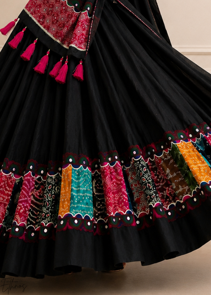 Jet Black Patchwork Border Khadi Cotton Lehenga Choli