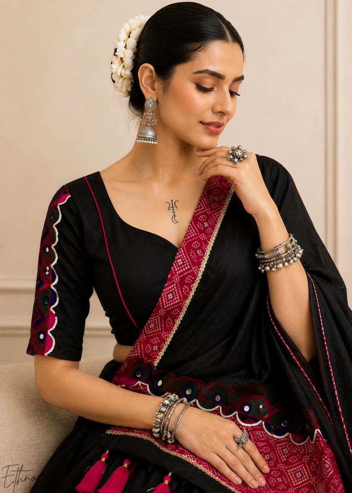 Jet Black Patchwork Border Khadi Cotton Lehenga Choli