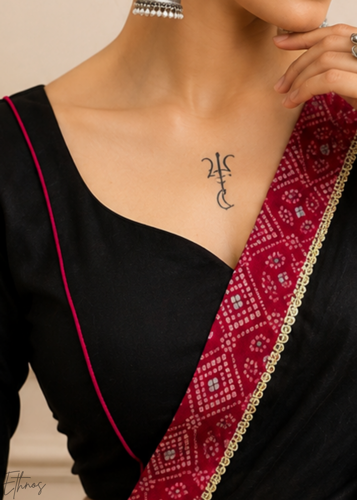 Jet Black Patchwork Border Khadi Cotton Lehenga Choli