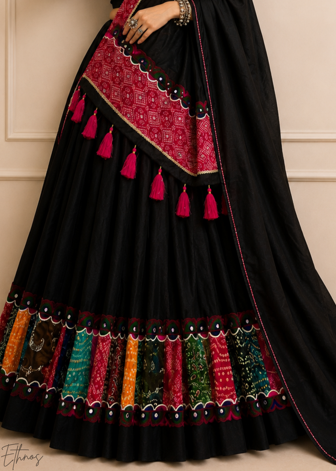 Jet Black Patchwork Border Khadi Cotton Lehenga Choli