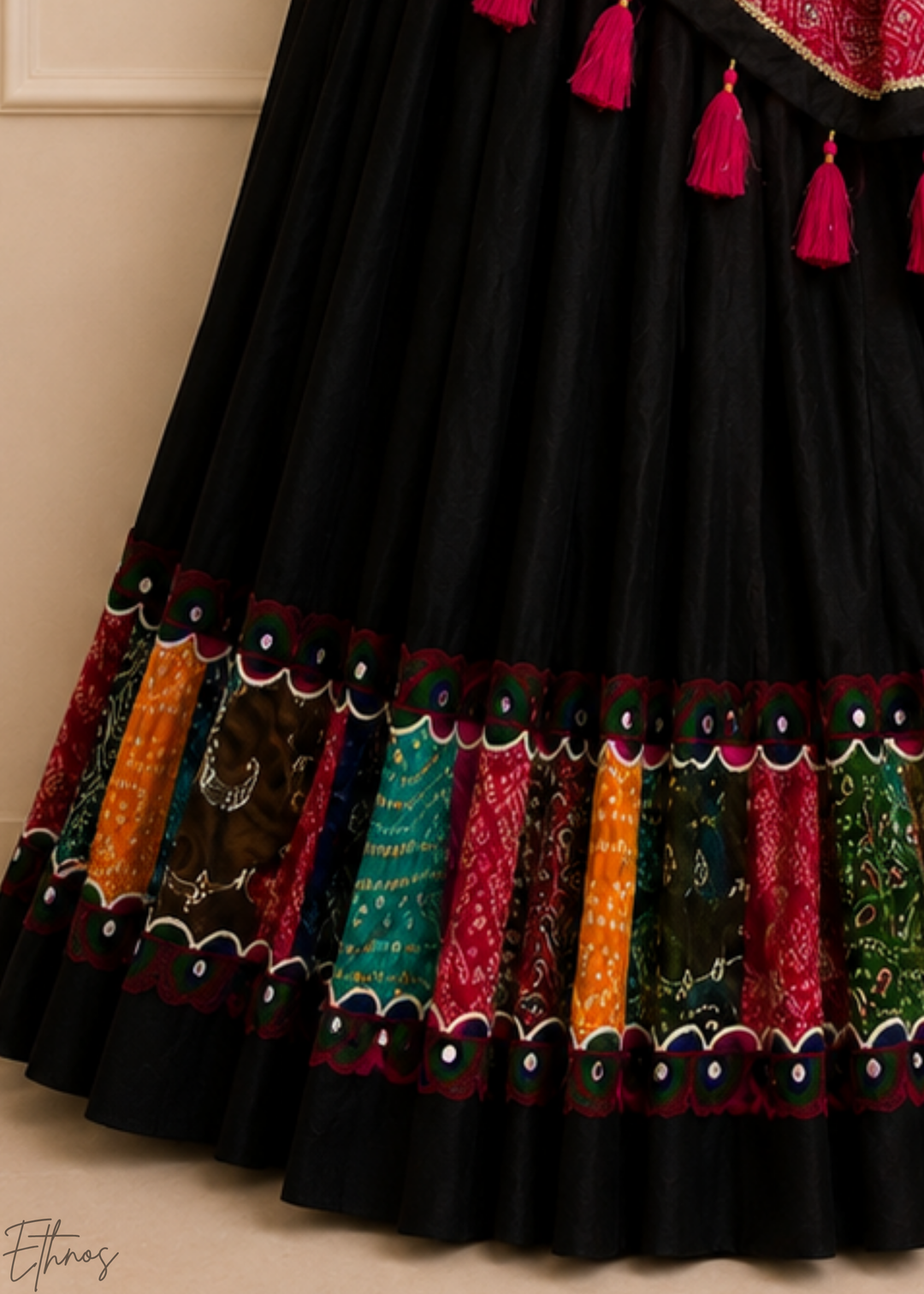 Jet Black Patchwork Border Khadi Cotton Lehenga Choli