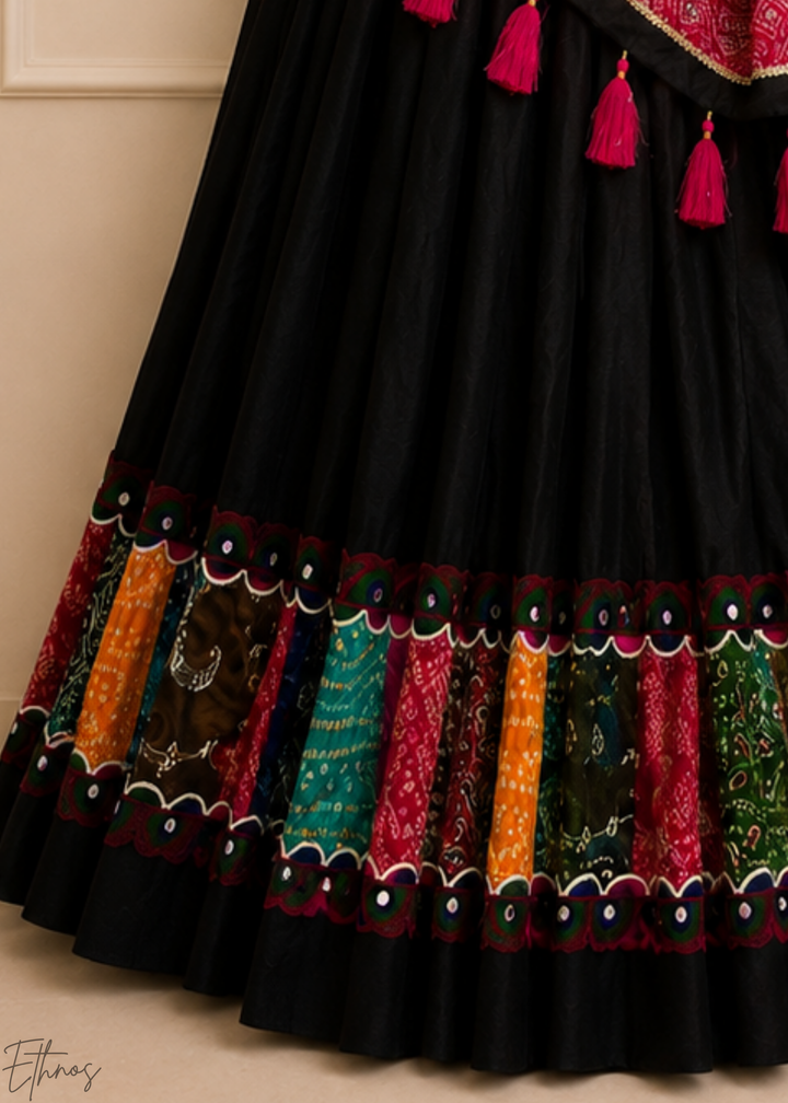 Jet Black Patchwork Border Khadi Cotton Lehenga Choli