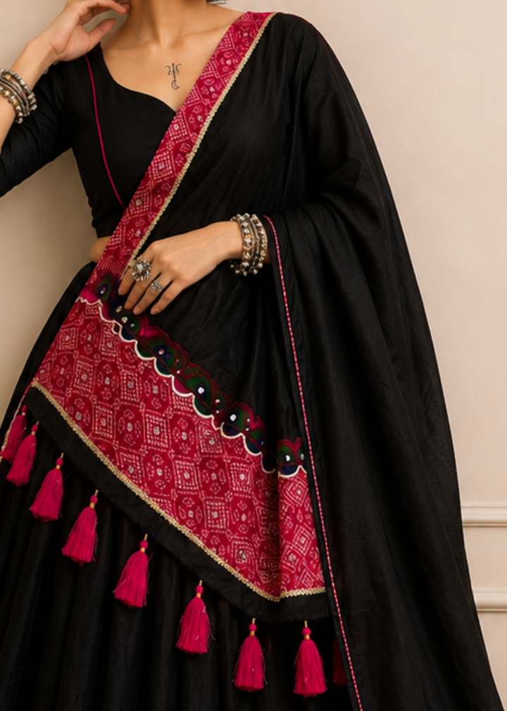 Jet Black Patchwork Border Khadi Cotton Lehenga Choli