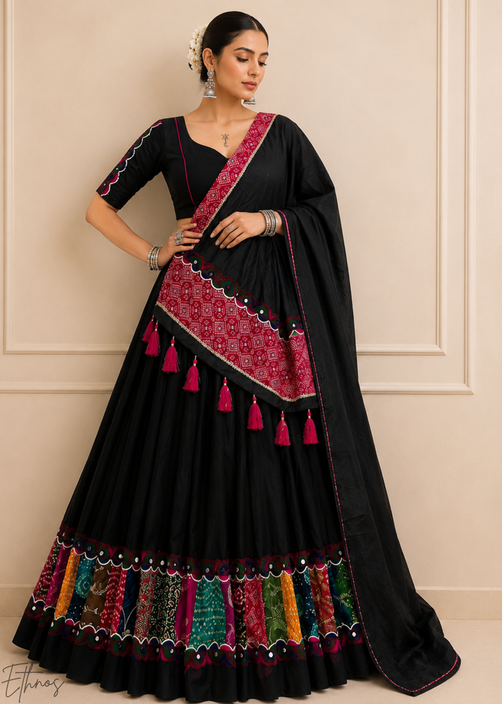 Jet Black Patchwork Border Khadi Cotton Lehenga Choli