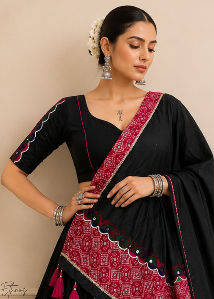 Jet Black Patchwork Border Khadi Cotton Lehenga Choli