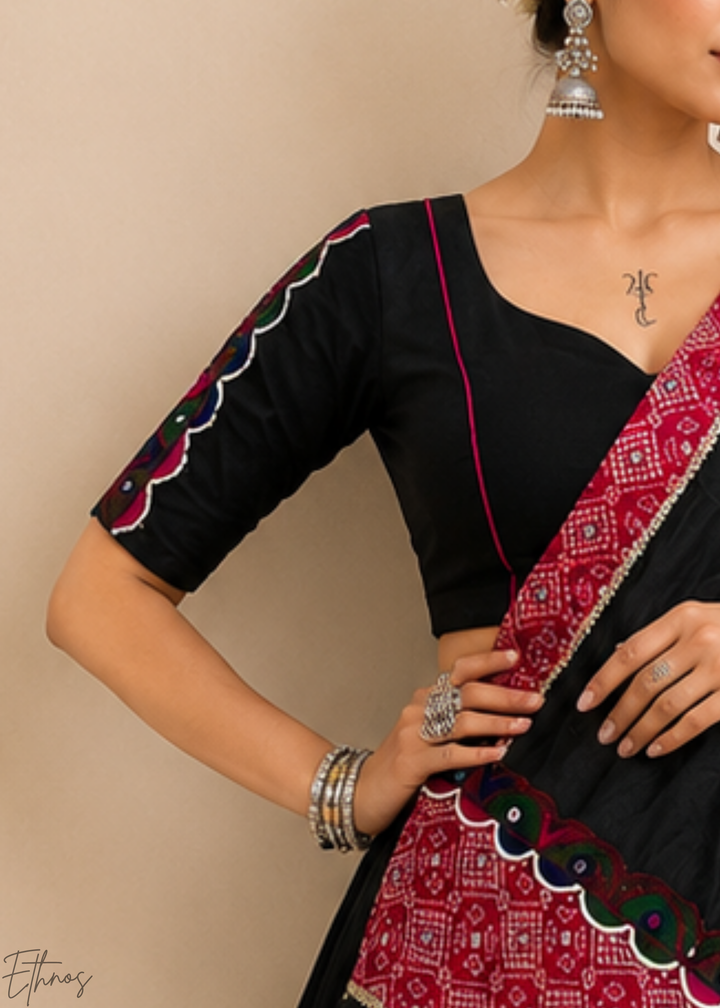 Jet Black Patchwork Border Khadi Cotton Lehenga Choli