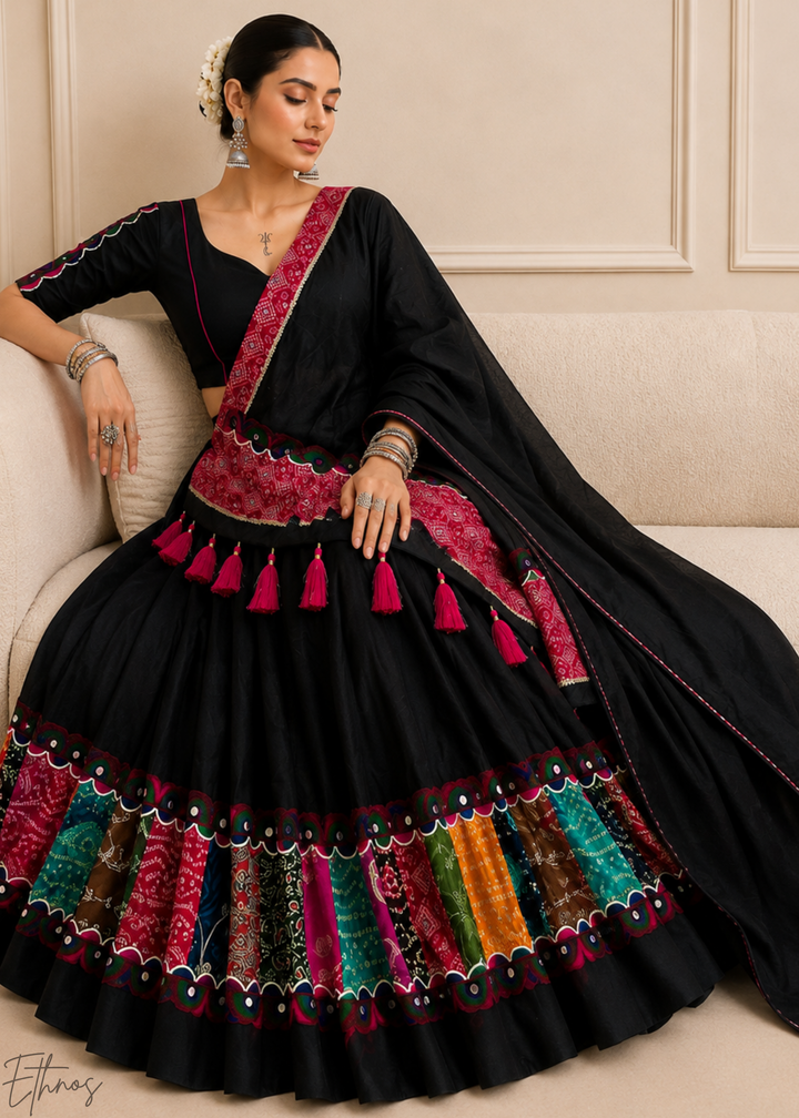 Jet Black Patchwork Border Khadi Cotton Lehenga Choli
