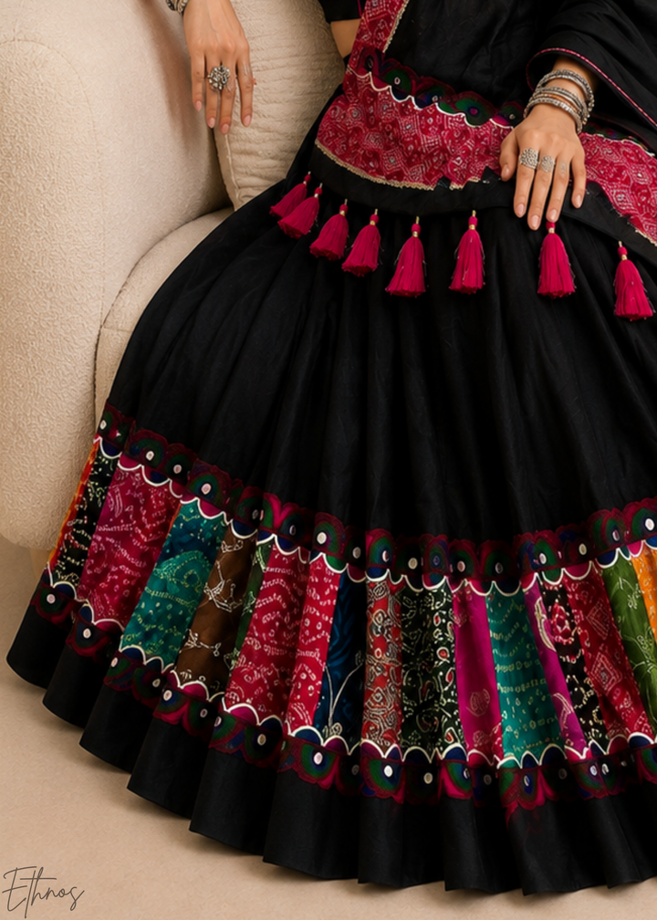 Jet Black Patchwork Border Khadi Cotton Lehenga Choli