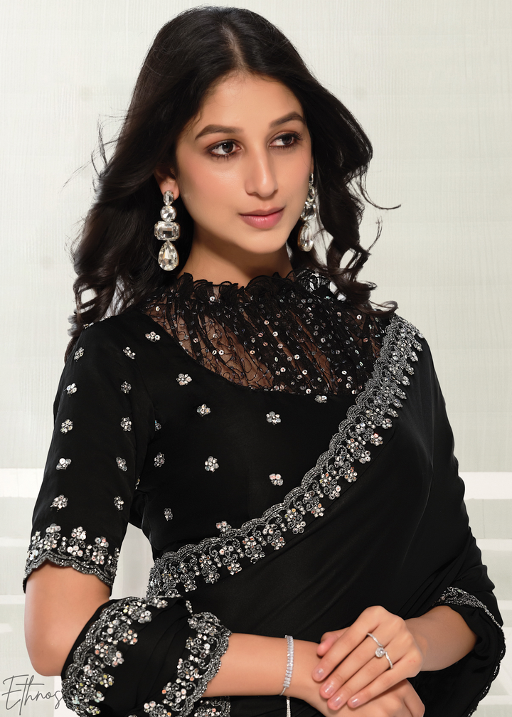 Jet Black Pearl Pipeline Crepe Satin Silk Saree