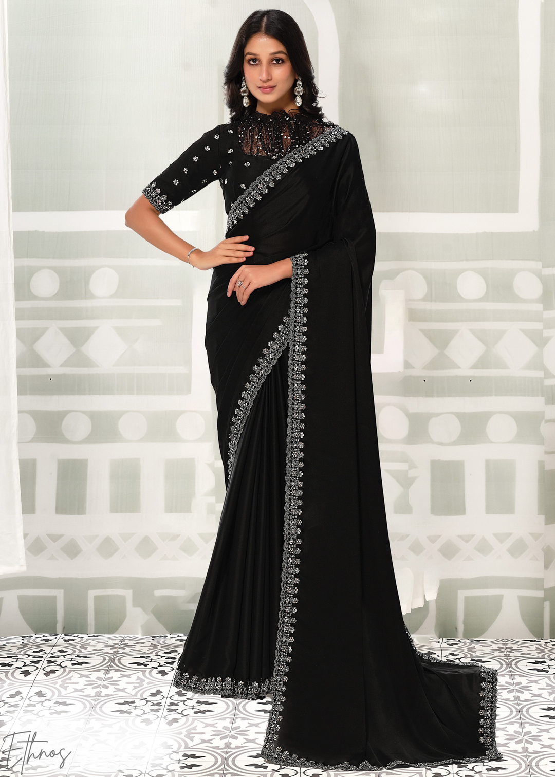 Jet Black Pearl Pipeline Crepe Satin Silk Saree